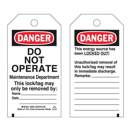 Brady Brady Lockout Tag- Danger Do Not Operate, Heavy Duty Polyester Encapsulated, 25/Pack 65503